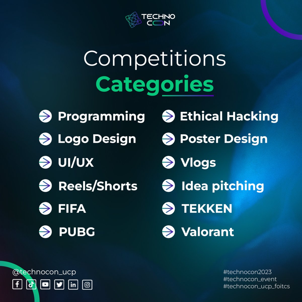 Technocon_ucp's tweet photo. 🚀 Welcome to the Ultimate Creative Challenge: Where Technology Meets Artistry and Innovation Takes Center Stage! 💻💫
Unleash your Inner Innovator as we unveil the 7 thrilling categories and 12 competitions of TechnoCon’23: 

#Technocon23  #TechEvent #Networking #StayTuned https://t.co/dY1VzKFojT