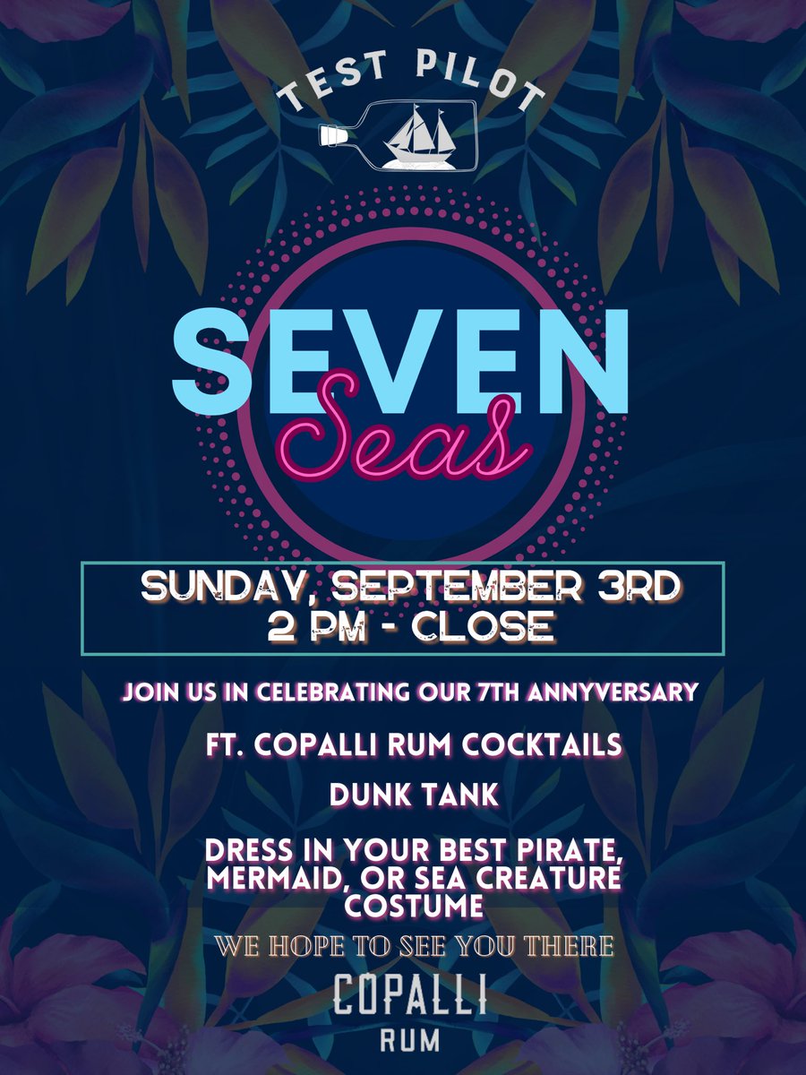 Test Pilot Cocktails (@testpilotbar) on Twitter photo We're celebrating SEVEN years! 🥳 Set sail at 2PM - Close today. ⛵️ Bring a bathing suit, towel, & a friend you want to dunk, because YES WE'LL HAVE A DUNK TANK! We're all very excited about it and our blowup kitty pool. Featuring rum cocktails from <a href="/CopalliRum/">Copalli Rum</a> 🤽♀️🌊👙🩳🧜🏼♀️🧜♂️ We're celebrating SEVEN years! 🥳 Set sail at 2PM - Close today. ⛵️ Bring a bathing suit, towel, & a friend you want to dunk, because YES WE'LL HAVE A DUNK TANK! We're all very excited about it and our blowup kitty pool. Featuring rum cocktails from <a href="/CopalliRum/">Copalli Rum</a> 🤽♀️🌊👙🩳🧜🏼♀️🧜♂️