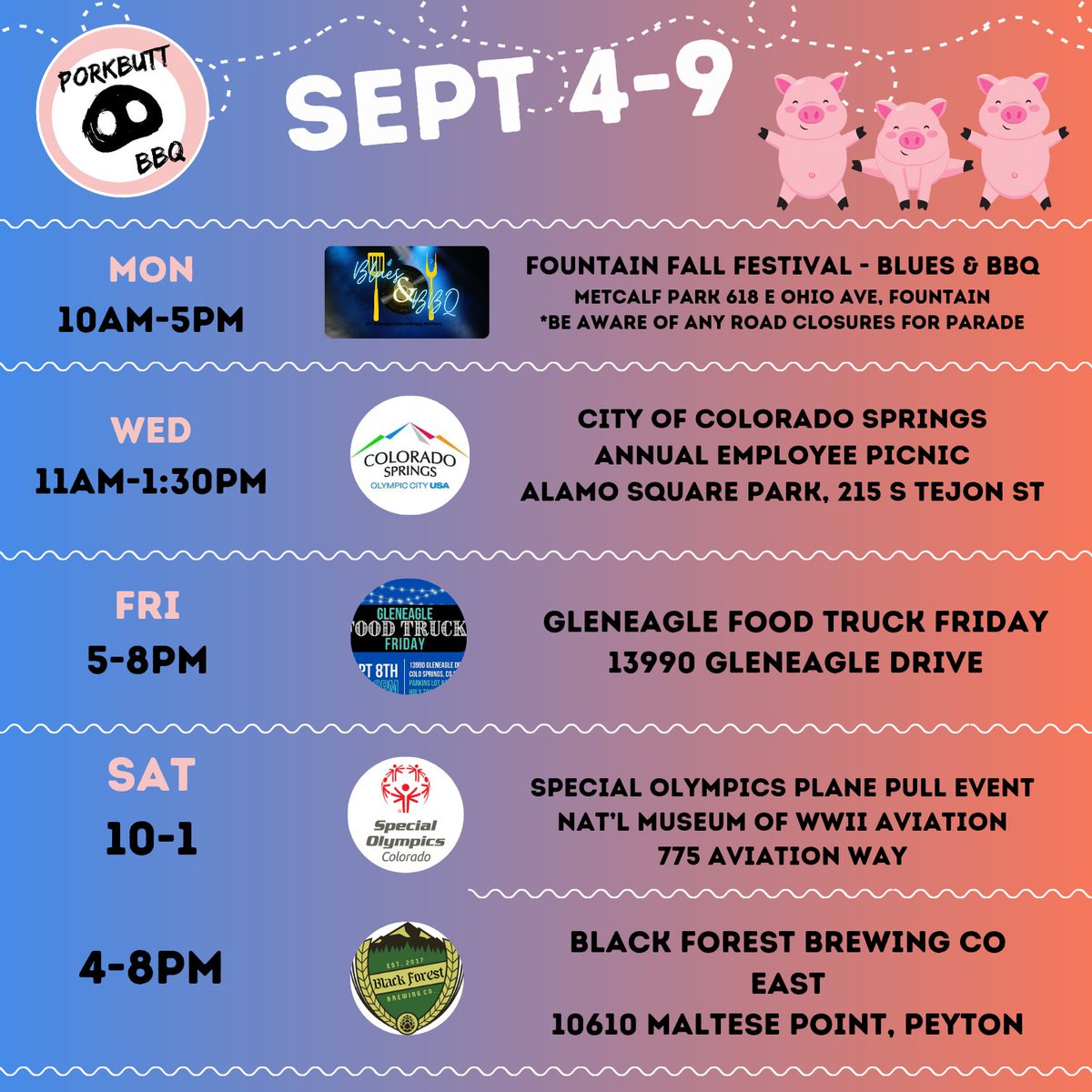 Happy Labor Day Weekend!  Here is where you can find us this week!

#BBQ #coloradosprings #fountaincolorado #gleneaglecolorado #specialolympics #planepull #Brewery #blackforestcolorado