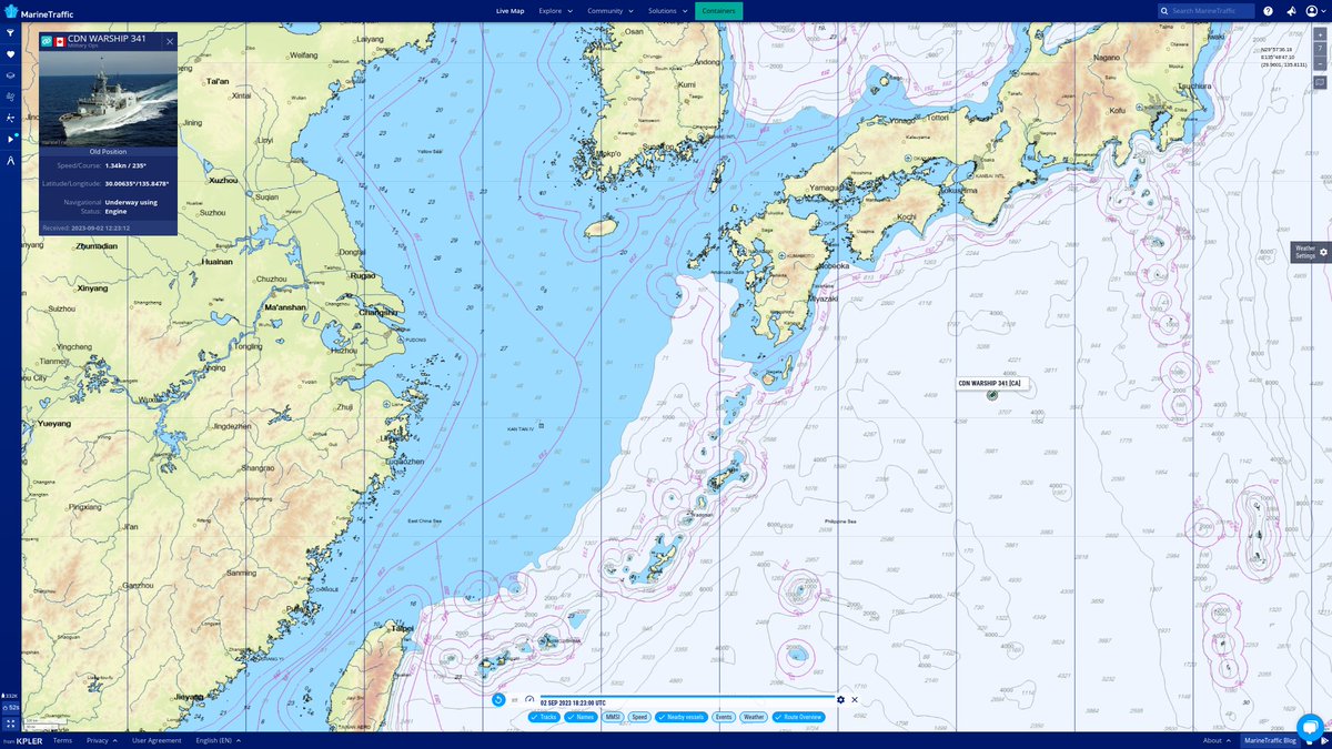 steffanwatkins's tweet photo. π¨π¦β Royal Canadian Navy Halifax-class multi-role patrol frigate HMCS Ottawa (IMO:4519308 MMSI:316195000) seems to have stopped transmitting AIS September 2 ~12:23Z (30.00635Β°, 135.8478Β°) seemingly with a parallel course to MV Asterix at the time.
#HMCSOttawa #FFH341 #MARPAC https://t.co/oFo1NMOMfc