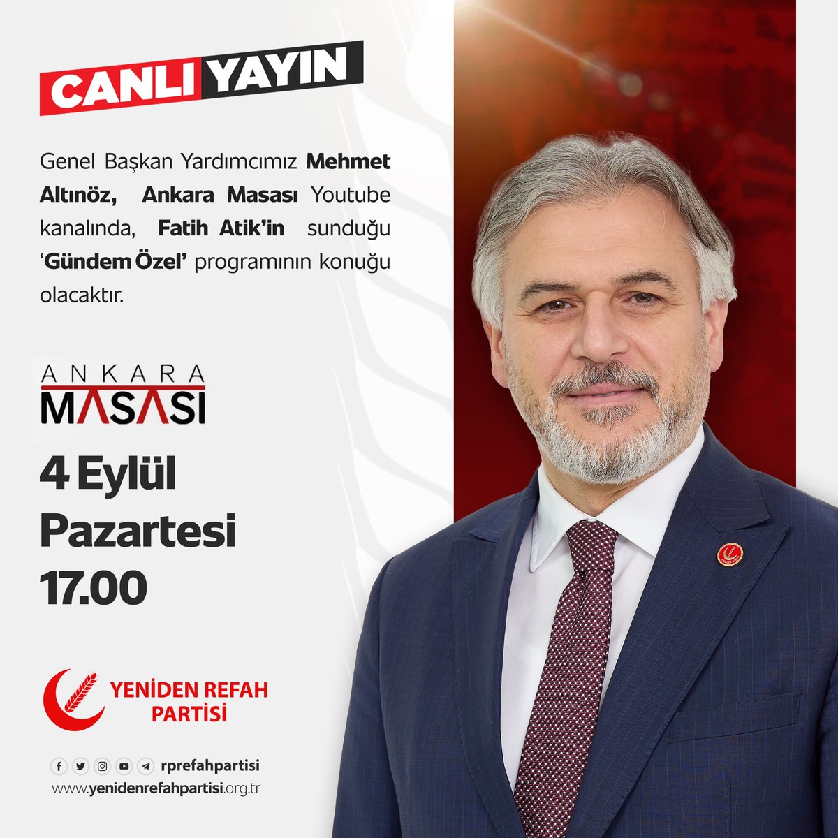 Genel Başkan Yardımcımız Mehmet Altınöz, Ankara Masası Youtube Kanalında Fatih Atik'in Sunduğu 'Gündem Özel' programına konuk olacaktır. 🗓️ 4 Eylül Pazartesi 🕛 17.00 📡 Ankara Masası Youtube Kanalı