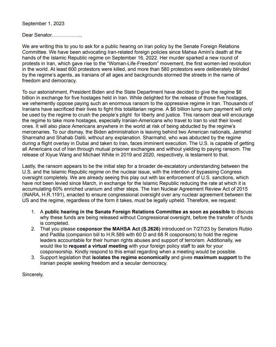 ‼️ Important ‼️

This letter, addressing the #IranRansomDeal and the #MAHSAAct (S.2626), will be sent to all US Senators.

If you wish to become a signatory for this letter, please complete the following form:
forms.gle/EPqz3A7LsTBQDZ…