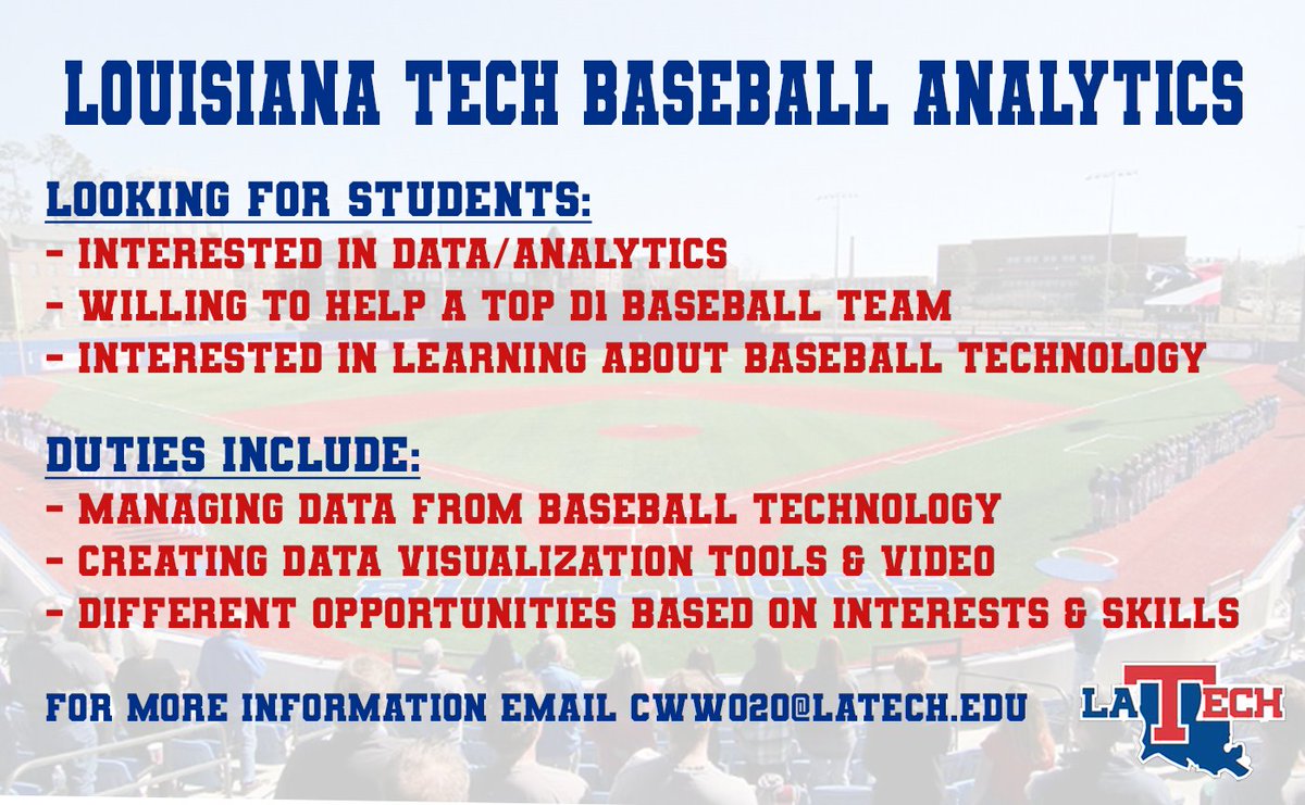 DiamondDogsData's tweet photo. We’re looking to expand the analytics group for the 2023-2024 year! 

Interested LA Tech Students should fill out the form below or contact cww020@latech.edu for more info.

https://t.co/2RmXEyIDEX https://t.co/1i37gMQEqM