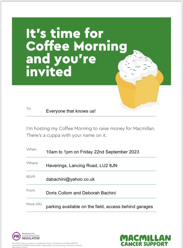 Friday 22nd Sept please come along to Haverings and help raise lots of money for the @macmillancancer Coffee Morning @BedsGuides