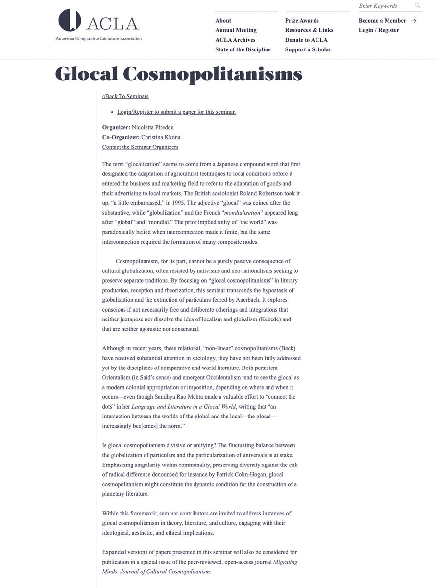 The American Comparative Literature Association is now accepting papers for its 2024 Annual Meeting in Montréal. Proposals are invited for the seminar "Glocal Cosmopolitanisms" (acla.org/glocal-cosmopo…) by Sept. 30, '23 through the paper submission portal: acla.org/node/add/paper