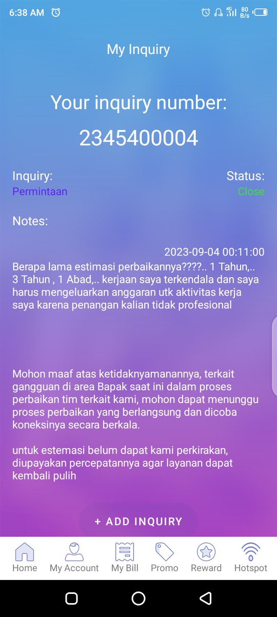 zhrarma's tweet photo. To @di_cbn yang tidak ptofesional,.. jaringan internet saya dr tgl 03 September 2023 sampai hari ini (04 September 2022) DOWN/TIDAK TERKOMEKSI, saya sudah buay laporan sampai 3 kali, jawaban via aplikasi, jawaban CBN hanya diminta bersabar dan cek secara berkala, https://t.co/5weleaQovy