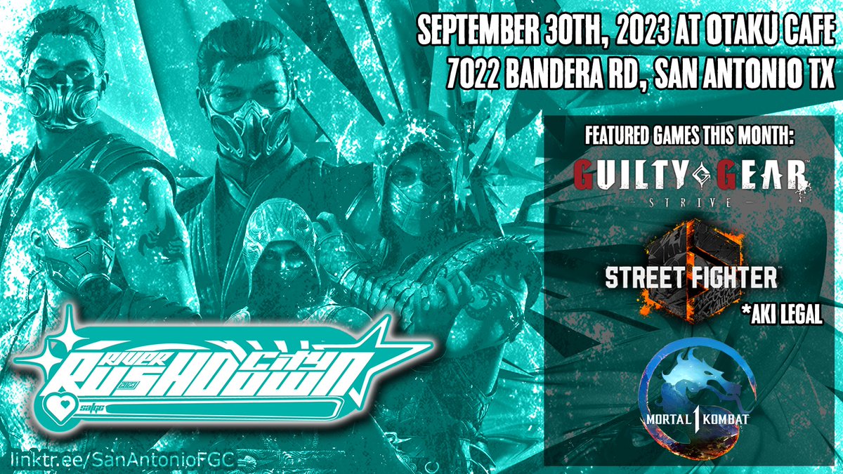 Now, announcing this month's River City Rushdown!
We make way for the next big title to enter the Fighting Game Golden Age. 

September 30th, featuring Guilty Gear Strive, Street Fighter 6, and Mortal Kombat 1.

Registration now live:
start.gg/tournament/riv…