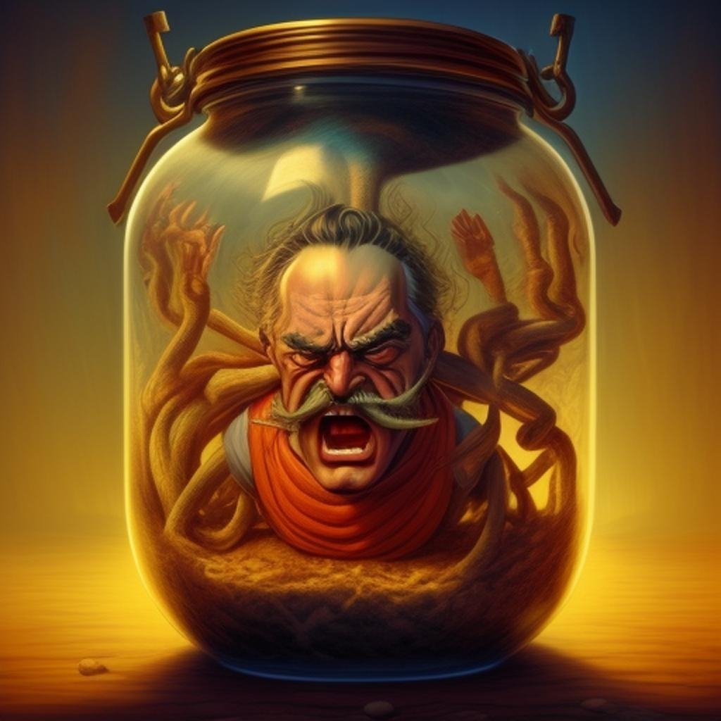 MindofMottram's tweet photo. I finally caught him! Now, wtf do I do? 
#thingsinjars #jars #jarring #wtfisit #aiart #aiartcommunity https://t.co/fbvxWzBlJL