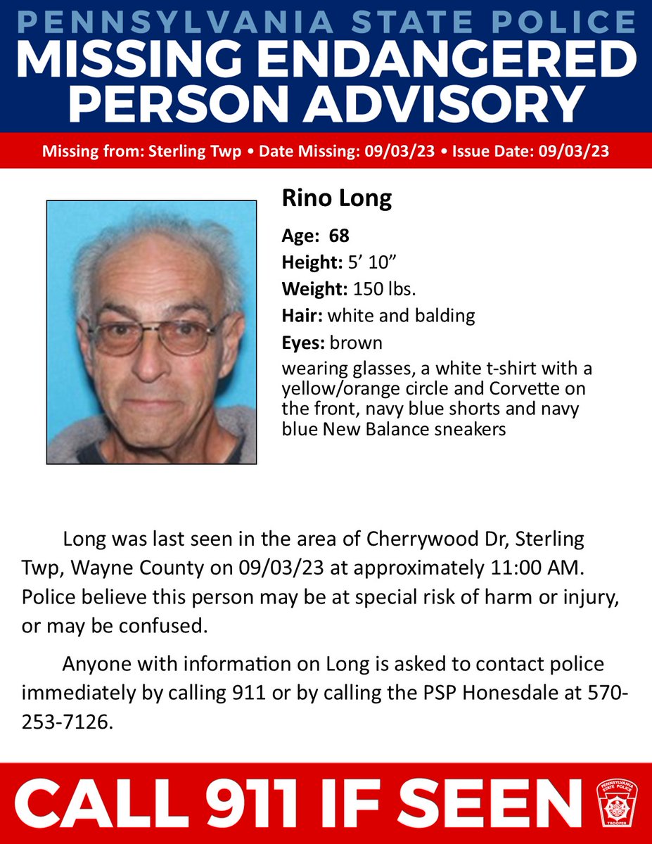 PAStatePolice's tweet image. WAYNE COUNTY: Missing Endangered Person Advisory. PSP Honesdale is searching for Rino Long. Call 911 if seen.