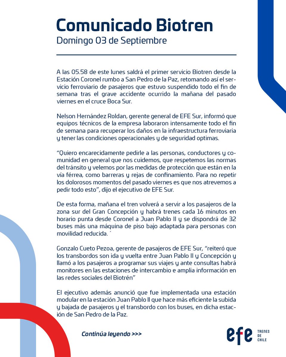 EFE_Biotren's tweet photo. 📌 Comunicado Oficial Biotren | Dom. 03.09.2023 https://t.co/gMBswSRlIq
