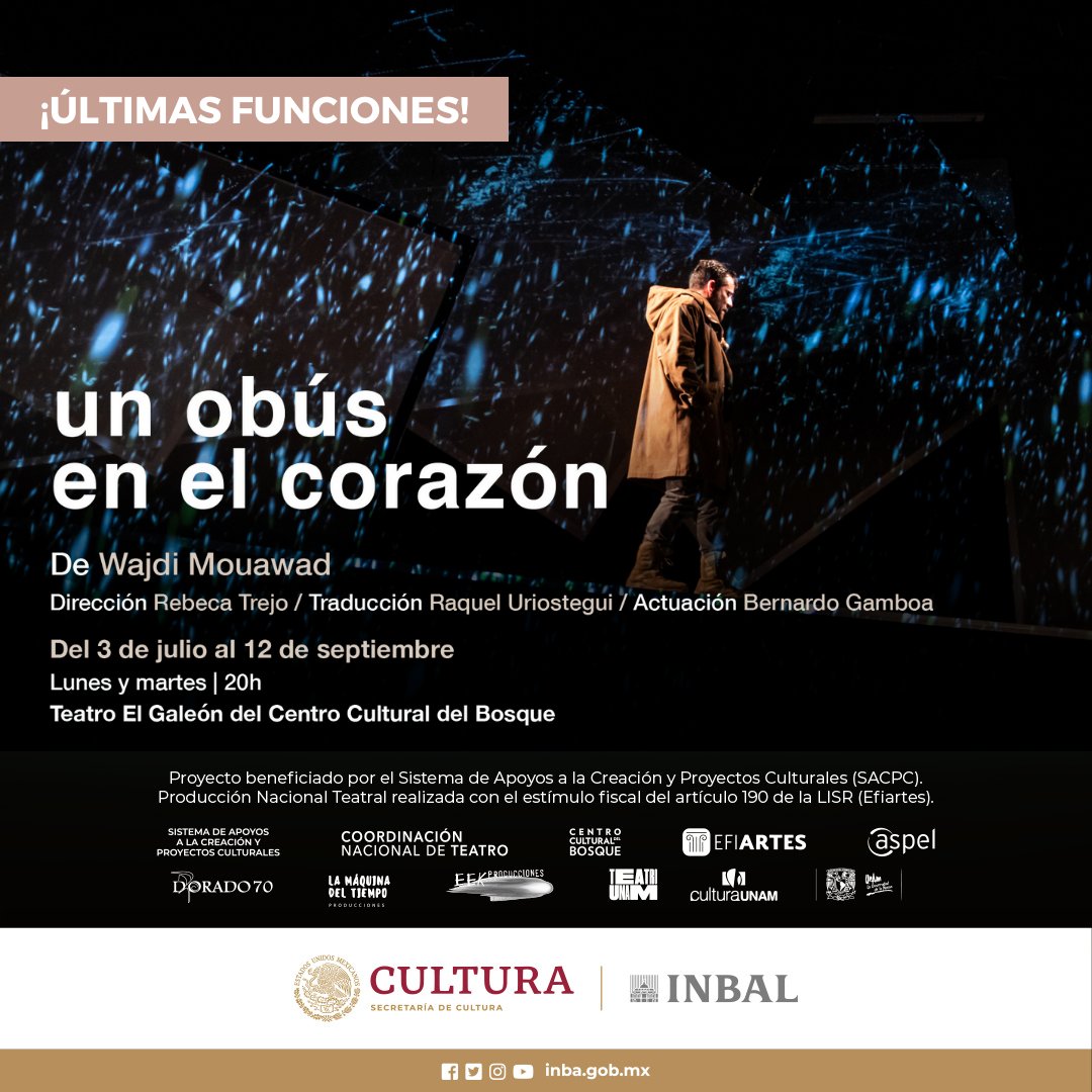 Dorado70_'s tweet photo. “Si tan sólo la tormenta pudiera durar mil años. Que nieve mil años. Sin parar.”

El viaje de Wahab está a punto de terminar… ÚLTIMAS SEMANAS.

Lunes y martes | 20 h
Teatro El Galeón
Boletos: https://t.co/Npyz1CFIHb

De: #WajdiMouawad
Dirección: Rebeca Trejo https://t.co/2jG9YPaUXd