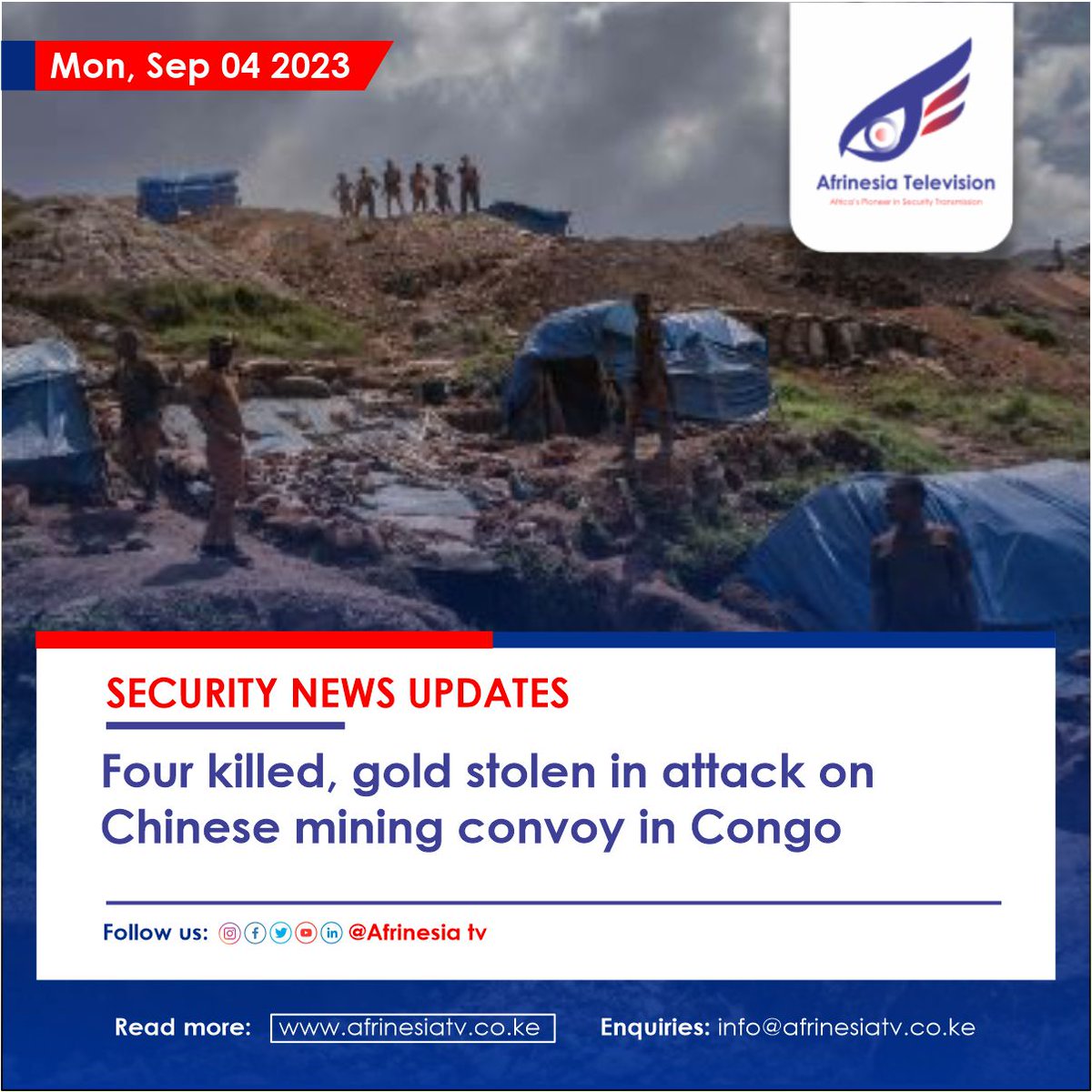 A #Congolese soldier, a driver and two #Chinese nationals died in the armed #robbery, which left three others seriously injured. The assailants made off with a ‘large quantity’ of the precious metal, which belonged to a Chinese firm operating in the restive #SouthKivu province
