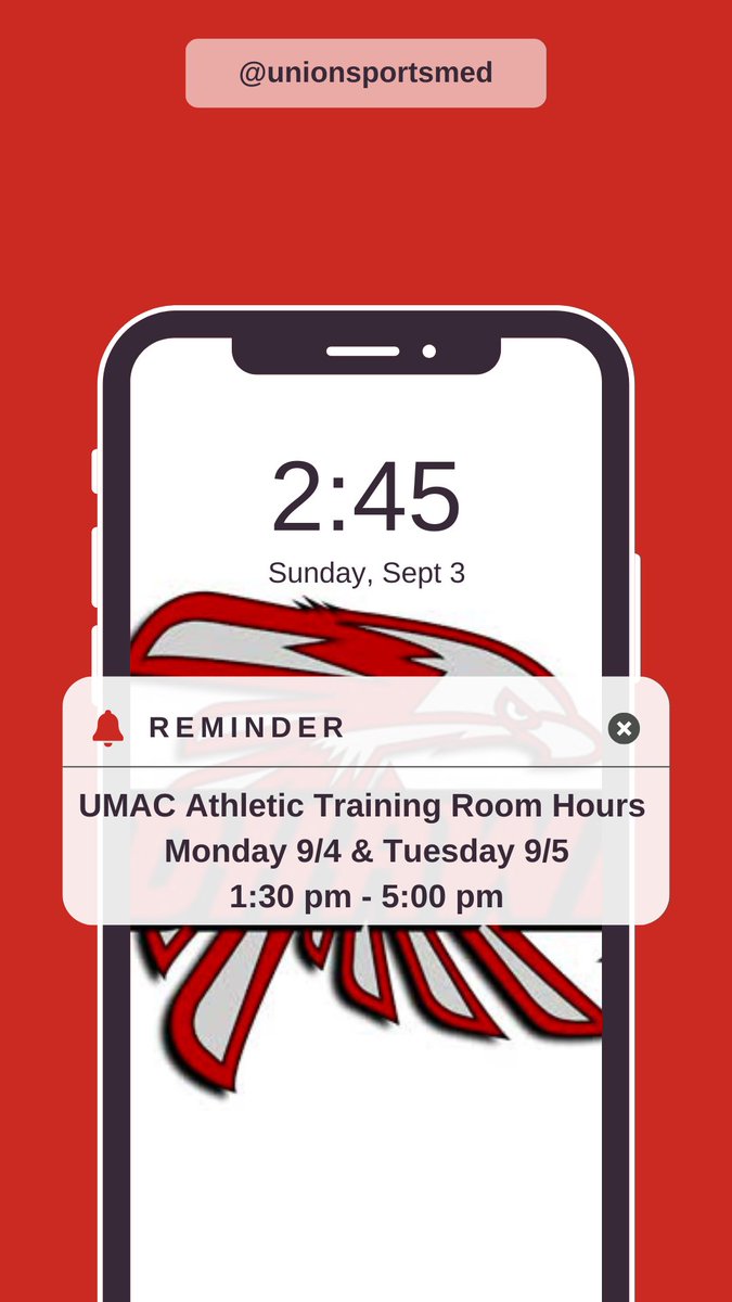 🚨Redhawks, please note the updated hours below for Monday 9/4 and Tuesday 9/6 due to no school!🚨

Morning treatment hours resume to normal on Wednesday 9/6 when you return to class!
