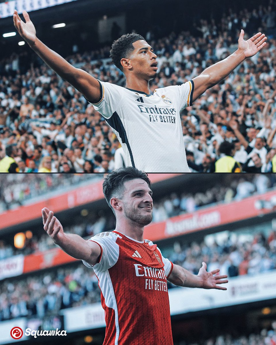 Squawka's tweet photo. England's 100m midfielders this weekend:

◉ 94:10: Jude Bellingham scores the winning goal for Real Madrid against Getafe

◉ 95:43: Declan Rice scores the winning goal for Arsenal against Man Utd

Are you not entertained? 🙌 https://t.co/bYwa3Gf0Fb