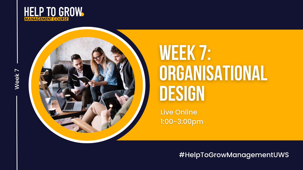 UWS_HelpToGrow's tweet photo. Week 7 for Cohort 5! 😀 

Today we are looking at Organisational Design.

Join us online from 1pm! The link to join the Zoom call is available on the Virtual Learning Environment (VLE)!

#HelpToGrowManagement #UWS https://t.co/vNfIkx4L84