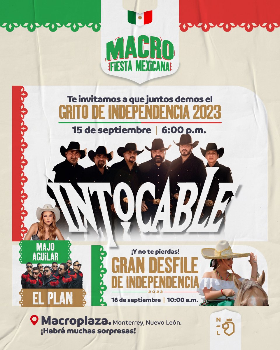 nuevoleon's tweet photo. ¡VOLVAMOS A HACER QUE SUENE LA MACRO! 🤠🙌🏼🎺
Este 6º MacroFest será EL MÁS MEXICANO para cantar, bailar y disfrutar en compañía de Intocable, MajoAguilar y ElPlan. 🟢⚪️🔴
Nos vemos este 15 de septiembre en la #MacroFiesta Mexicana, recuerda que la entrada es gratuita. https://t.co/wI69eaWyYm