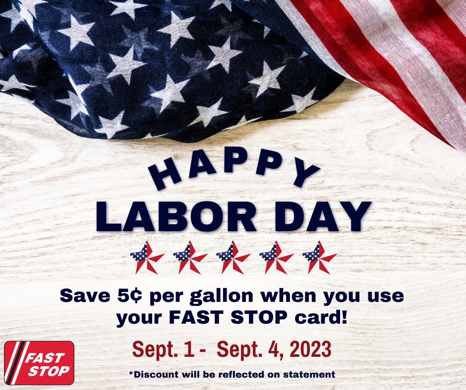 MM_FASTSTOP's tweet image. Labor Day weekend is here! Stop by your #local M&amp;amp;M Service FAST STOP and use your FAST STOP card today through Monday and save 5¢ per gallon!
#HappyLaborDay #Savings