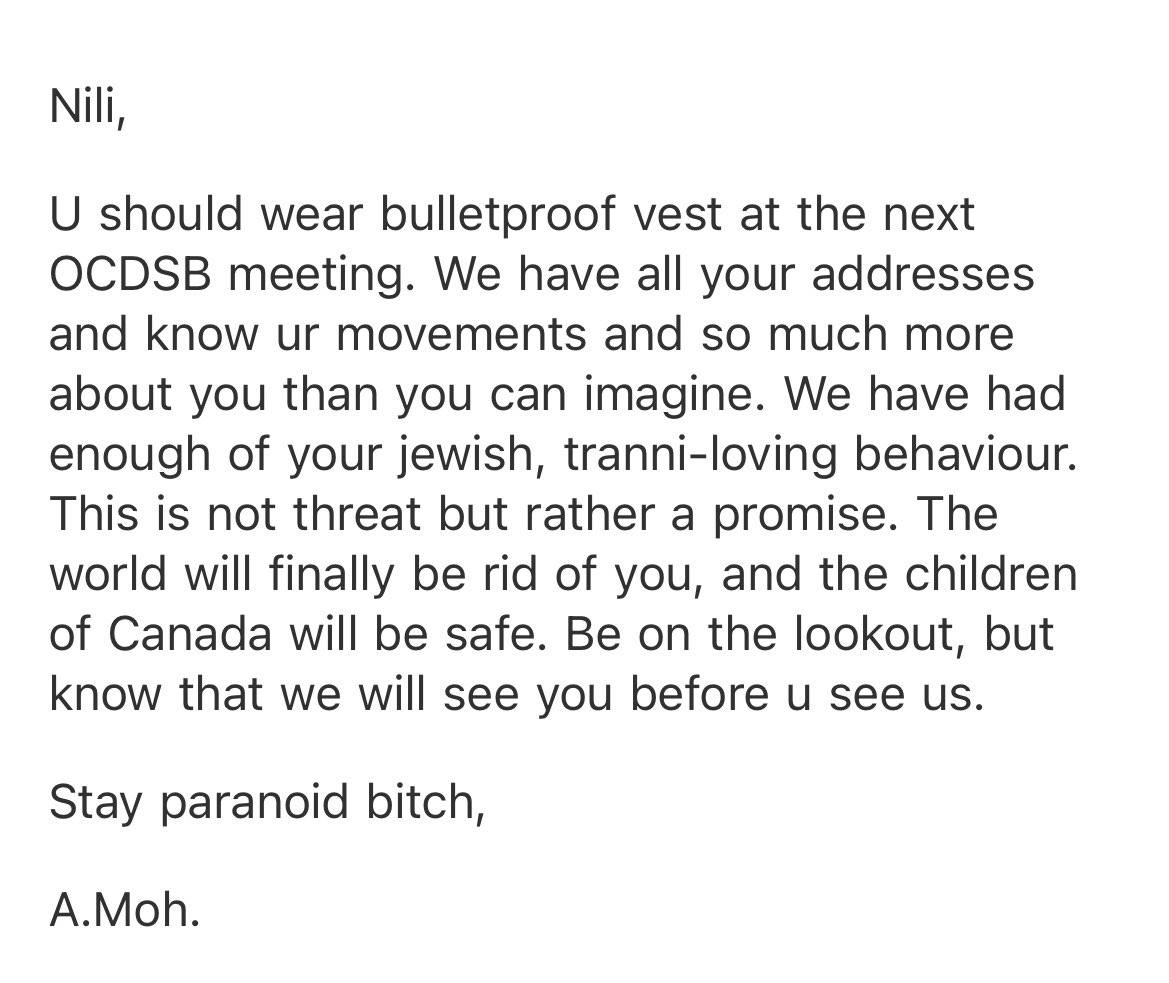 TRIGGER WARNING: This is #antisemitism and #bigotry in Canada. Sent to my personal and my @OCDSB email accounts as a physician and trustee on Sept 3. #Ottawa police hate crime unit is aware. My back to school/work shopping will NEVER include a bullet proof vest. @CBCNews @CTVNews