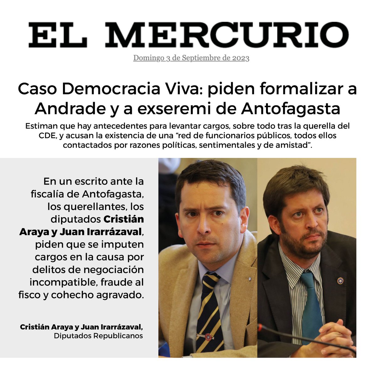 🗞 @elmercurio destacó solicitud de nuestros @cristian_arayal y @JIrarrazavalR para que  @FiscaliadeChile formalice a #DanielAndrade y al ex seremi de Vivienda #CarlosContreras, tras informe de @Contraloría y querella del @CDE 💪

📍 Acá los detalles 👉 acortar.link/O0x2BY