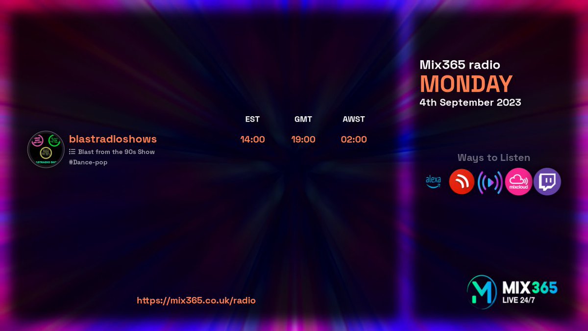 Mix365R's tweet photo. Great line up of djs tomorrow starting with blastradioshows, Monday 4th September 2023. Interact and participate in chats with our DJ's at https://t.co/xik5MqIWdq

19:00 - blastradioshows

#Dance-pop https://t.co/jb2jCX8vgF