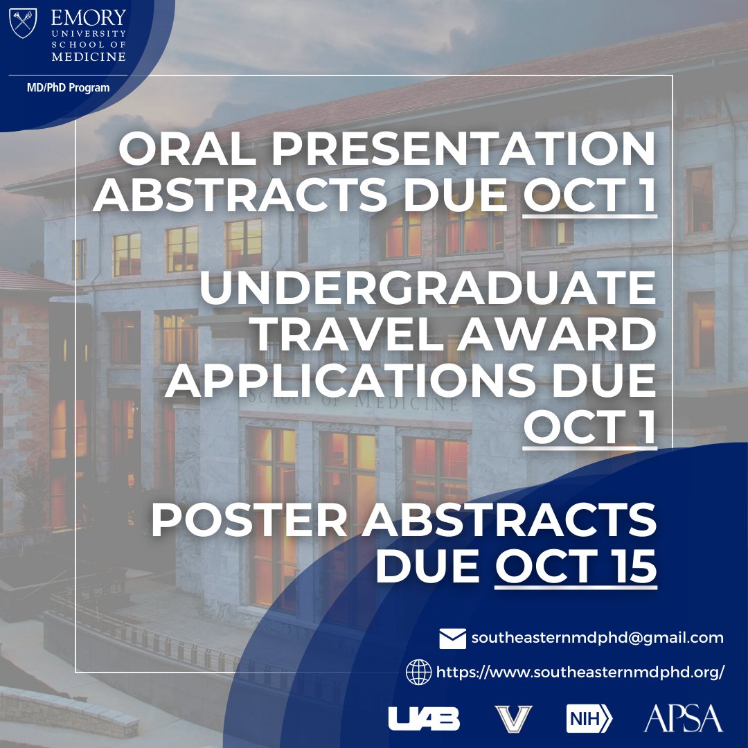 Just a reminder about upcoming SEMSS deadlines: Oral presentation #abstracts and #undergraduate #travel #award applications are due October 1st. Poster presentation #abstracts are due October 15th. Register and submit your abstracts at southeasternmdphd.org for #SEMSS2023!