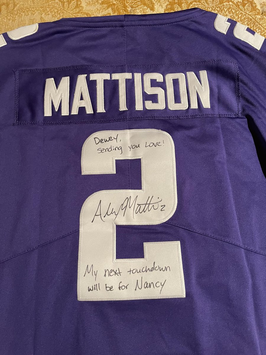 Everyone in our taproom gets a FREE PINT OF BEER when Alexander Mattison scores his 1st TD this year in honor of Nancy Jacobs, our founder's mother. When she passed away, Alexander Mattson signed this jersey and wrote that his 1st touchdown this season would be for Nancy! PROST!