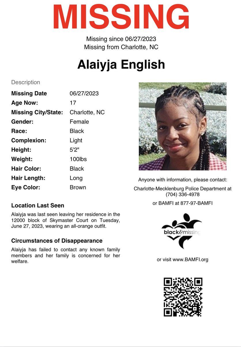 BAM_FI's tweet photo. Charlotte, NC: 17y/o Alaiyja English last seen leaving her residence in the 12000 block of Skymaster Court on Tuesday, June 27, 2023, wearing an all-orange outfit.  Alaiyja has failed to contact any known family members and her family is concerned for her welfare. #HelpUsFindUs https://t.co/o2df8CGsPh