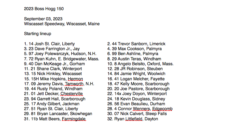 Matt Beers and Ryan Littlefield get the two provisional starting spots at the back of the Boss Hogg 150 field, confirmed with track officials. Full starting lineup: