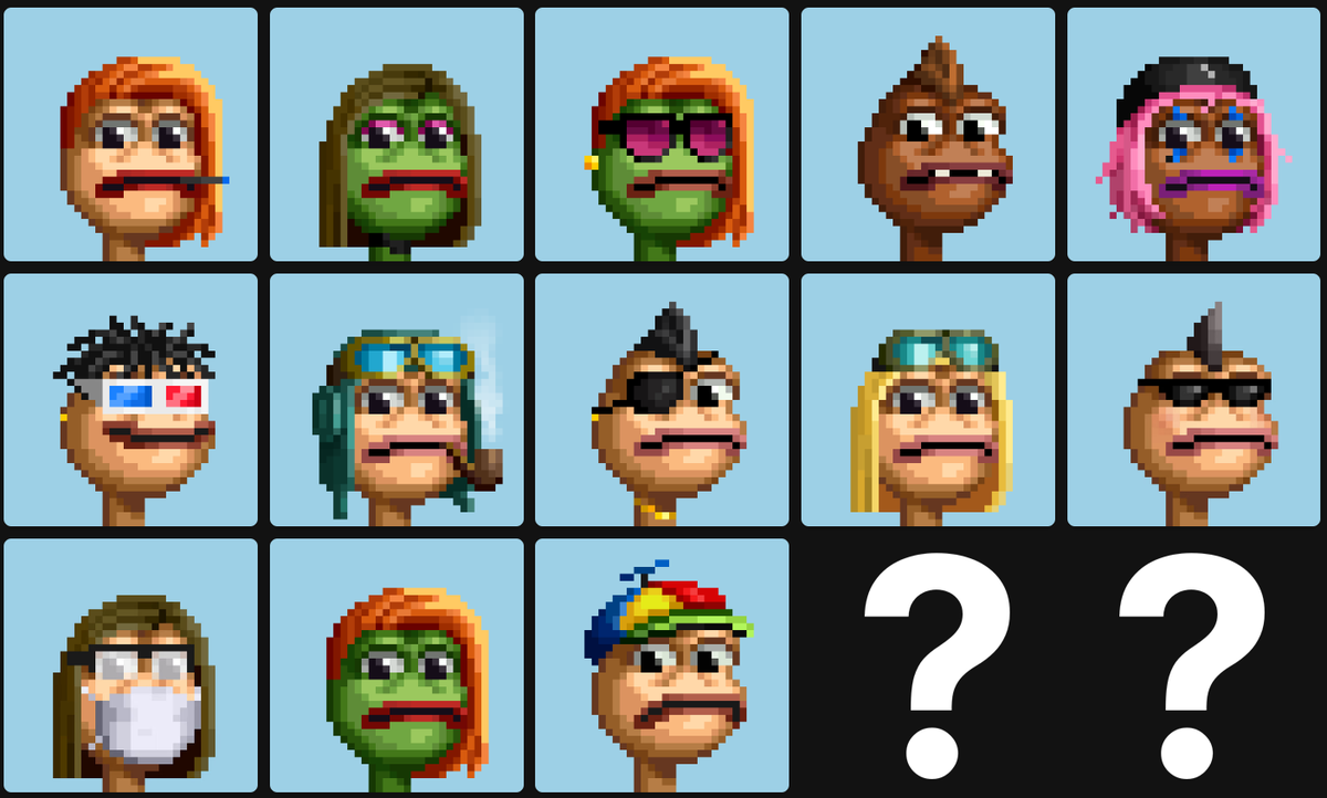 What 2 more traits should I buy to complete this collection?

Comment bellow ⤵️
<a href="/pepunksnfts/">Pepunks</a>