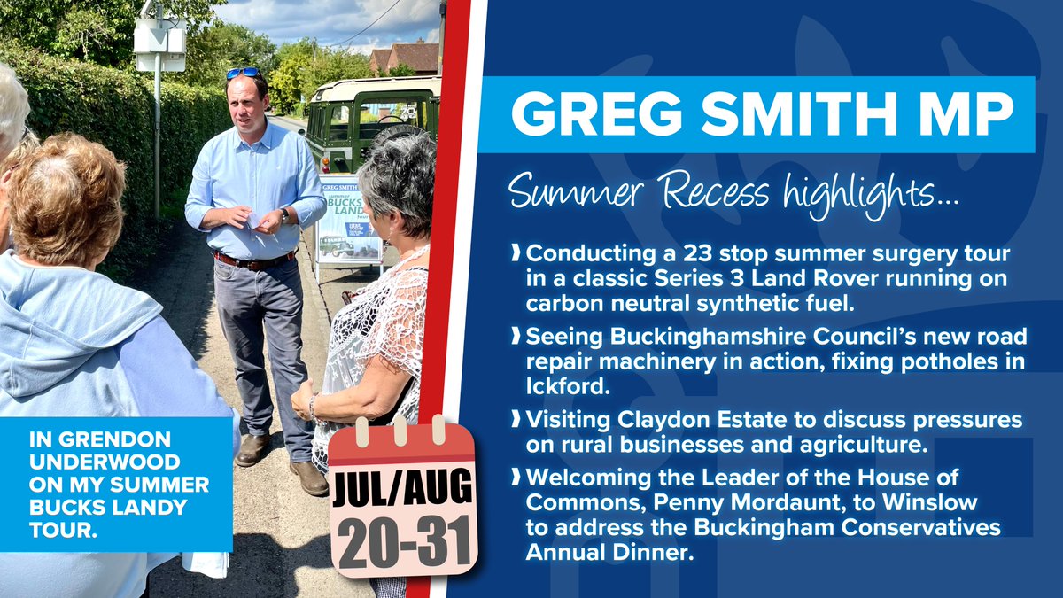 gregsmith_uk's tweet photo. Parliament returns tomorrow, but it's been a busy Summer Recess, with over 50 constituency engagements in addition to day-to-day casework and other desk work. Some highlights from the Summer, including the Summer Bucks Landy Tour in the graphics  below... https://t.co/mgMqVxJnqG