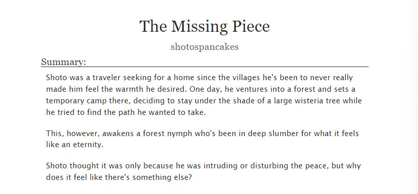 kanekurokaoshi's tweet photo. ♡ The Missing Piece ♡
#violoto
🗡️🔮
💜Mythology
💜Forest Nymph! 🔮
💜Fluff and Angst
link: https://t.co/o0uPm9GxKf
#ShotoBowlWeek https://t.co/6SRo1juGtg