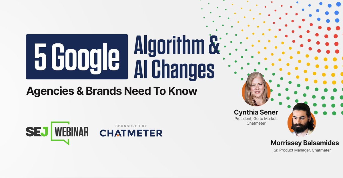 sejournal's tweet image. THIS WEEK: Register for our upcoming webinar and learn the five Google algorithm & AI changes your agency needs to know in an ever-evolving landscape. bit.ly/3DCvCoC
#googlesearch #searchmarketing #algorithmhacks #googleAI