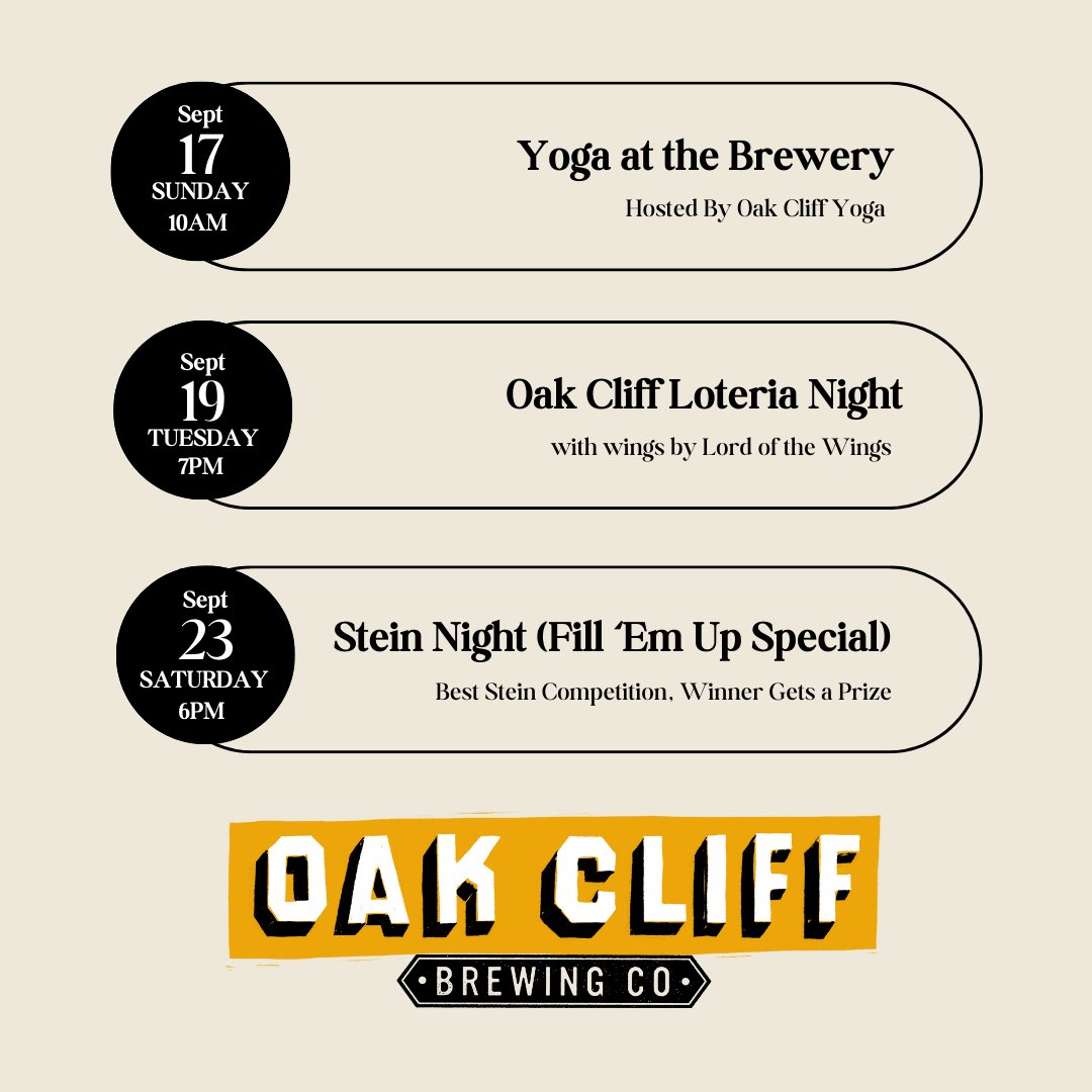 oakcliffbrewing's tweet photo. Announcing our September events! 🍻 Join us for a month packed with epic events - w/ everything from Norma’s Brunch and College Gameday this Saturday, to Trivia, Live Music, Comedy Night with Zane Lamprey, and more…. there's something for everyone. Don't miss out on the fun! 🎉 https://t.co/7WadBv1LkC