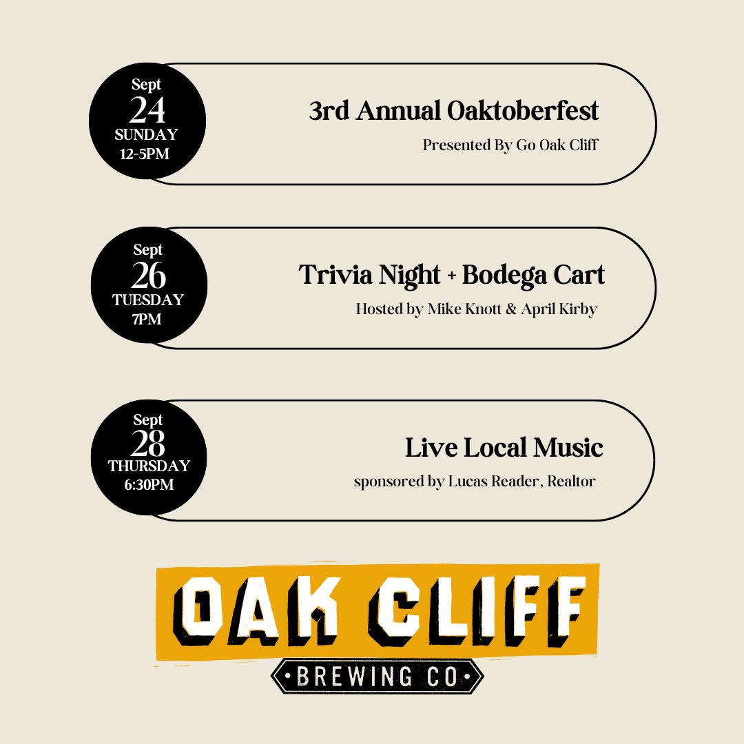 oakcliffbrewing's tweet photo. Announcing our September events! 🍻 Join us for a month packed with epic events - w/ everything from Norma’s Brunch and College Gameday this Saturday, to Trivia, Live Music, Comedy Night with Zane Lamprey, and more…. there's something for everyone. Don't miss out on the fun! 🎉 https://t.co/7WadBv1LkC