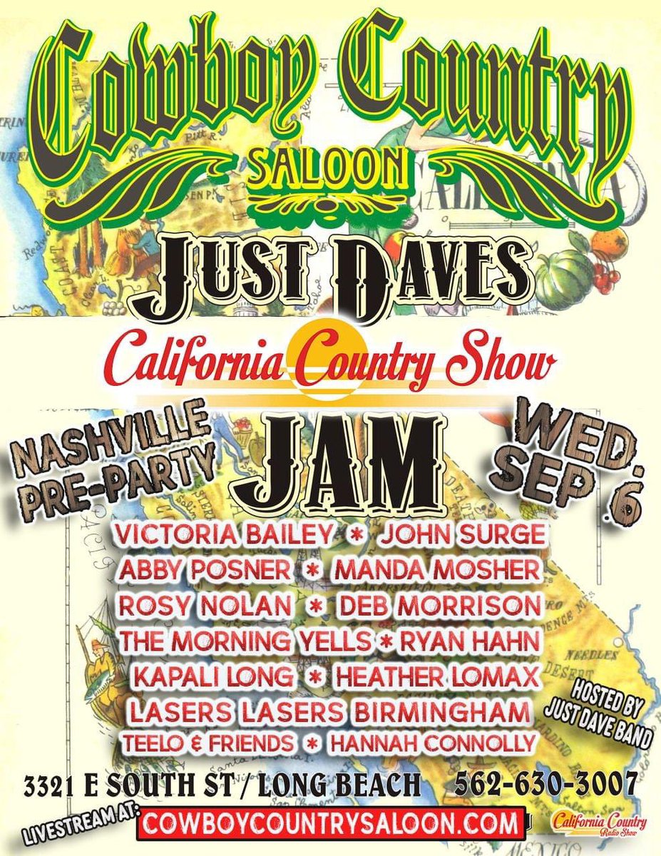 HeatherALomax's tweet image. September 6th pre #AmericanaFest bash in Long Beach at #CowboyCountrySaloon! @CalCountryShow and @JustDaveBand hosting! 🎉