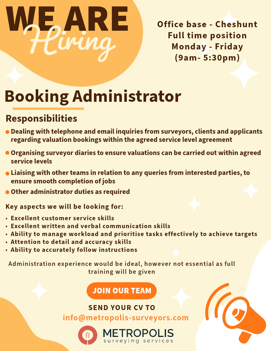 Metropolis Surveyors (@metropolis_surv) on Twitter photo Are you looking for an exciting new opportunity? Metropolis Surveyors have a new opening for an administrator to join our booking team.
If you are interested in the opportunity of joining our team, please email info@metropolis-surveyors.com along with your CV
#recruiting #cv Are you looking for an exciting new opportunity? Metropolis Surveyors have a new opening for an administrator to join our booking team.
If you are interested in the opportunity of joining our team, please email info@metropolis-surveyors.com along with your CV
#recruiting #cv
