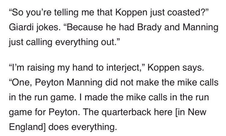 Brycen2047's tweet photo. Dan Koppen played with both Tom Brady and Peyton Manning.

He says here that Tom Brady did EVERYTHING at the LOS, and Peyton Manning did not. 👀 https://t.co/Jbs9wWG7PN