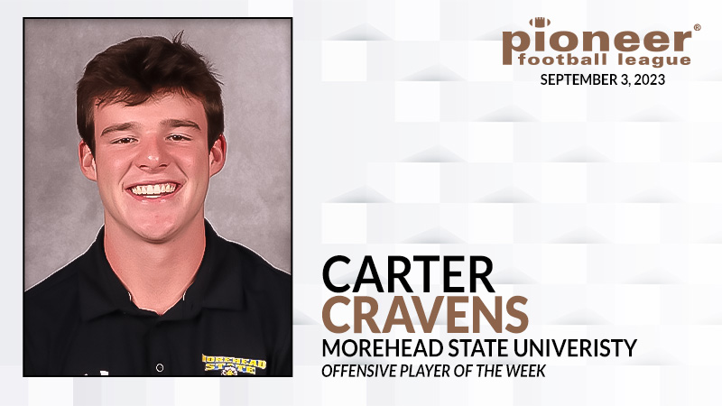 𝗣𝗙𝗟 𝗢𝗳𝗳𝗲𝗻𝘀𝗶𝘃𝗲 𝗣𝗹𝗮𝘆𝗲𝗿 𝗼𝗳 𝘁𝗵𝗲 𝗪𝗲𝗲𝗸
<a href="/MSUEaglesFB/">Morehead State Football</a> quarterback Carter Cravens threw 3⃣ TDs and passed for 236 yards while running for 82 yards in Morehead State's win against West Virginia State, Thursday.
