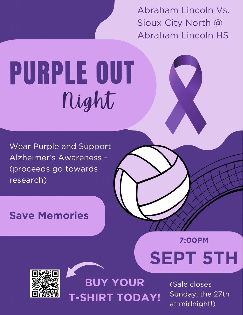 marjow79's tweet photo. Make sure to spread the word to wear purple Tuesday night at the AL volleyball game to promote Alzheimer’s Awareness + it is SENIOR Night! https://t.co/dsX5yubjib