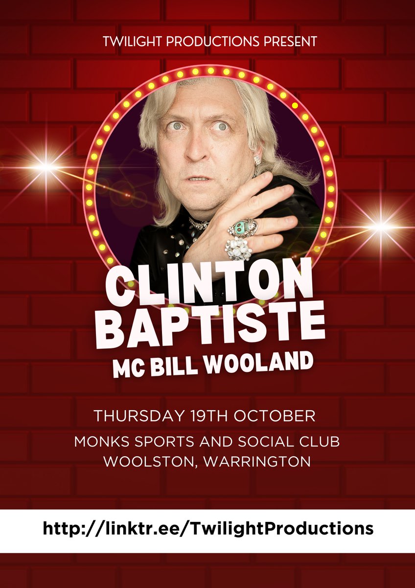 @realclintonb coming to Warrington in October supported by @BigLouComedy and @samjharland Tickets for this show and all others featuring @archiekelly, @dominicwoodward, @steveshanyaski, @GerryKcomic and @SimonSezHypno from linktr.ee/twilightproduc…