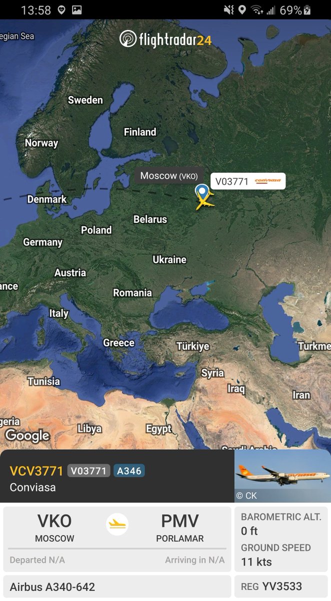 Borrowed7Time's tweet photo. #Conviasa #aeroterror A340-642 YV3533 #0D8462 as #VCV3771 preparing to depart #Moscow. Flight plan filed for destination of #Porlamar
@FlconEYES @joetalavera1 https://t.co/ImkSpviUdd