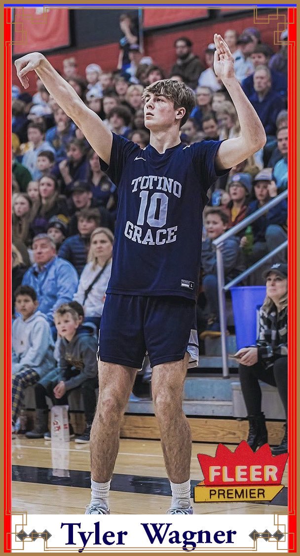 Shout-out to 2025 standout Tyler Wagner on having a very impressive summer📈

Wagner will play a huge role in Totino-Grace’s trek back to the state championship this upcoming season! 

 Here is an old school basketball card graphic I made of him: