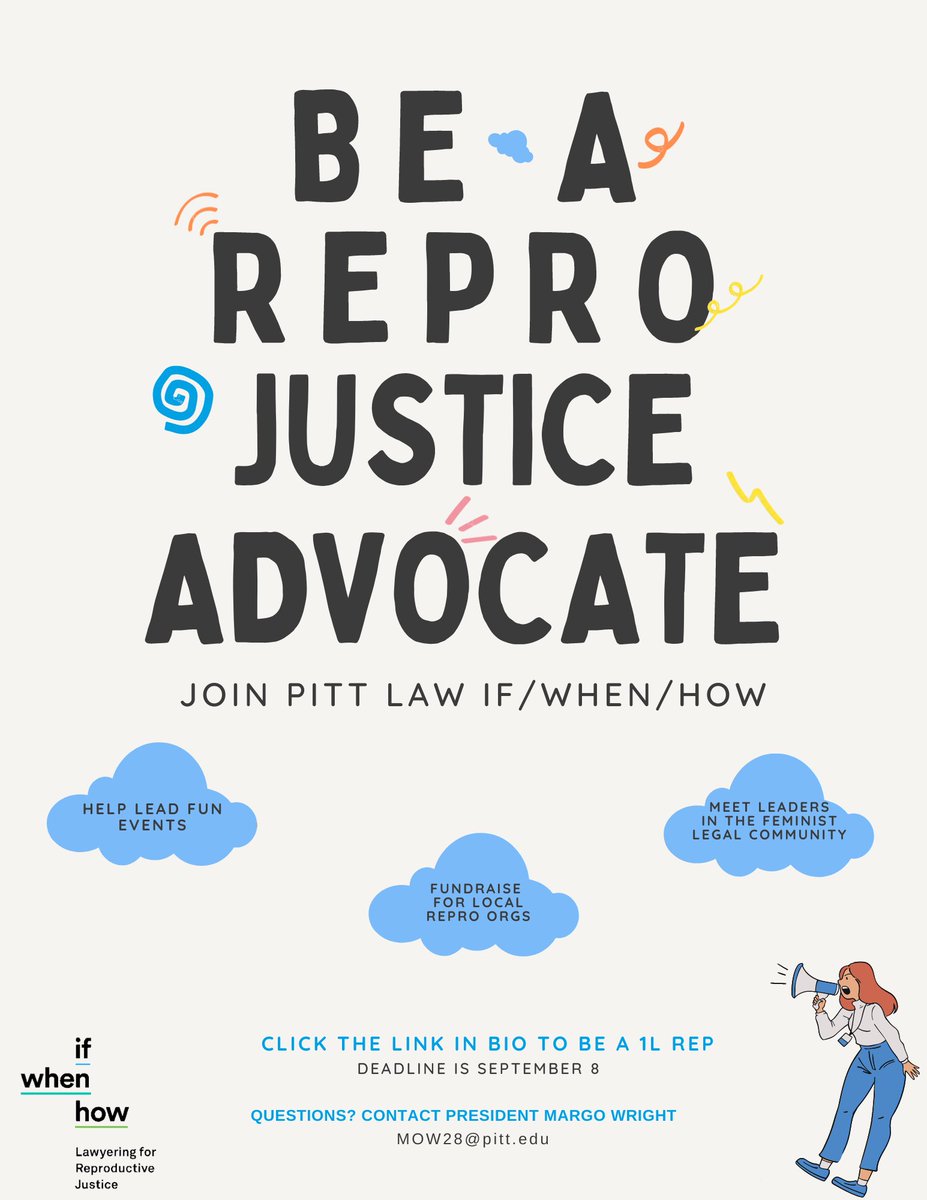 ifwhenhowPL's tweet image. Missed us at the Student Org Fair on August 18? Don't worry, you can still join If/When/How! 1Ls interested in being a 1L representative should fill out the form in our bio. All others interested in joining, email Margo Wright at mow28@pitt.edu.

Questions? Slide into our DMs!