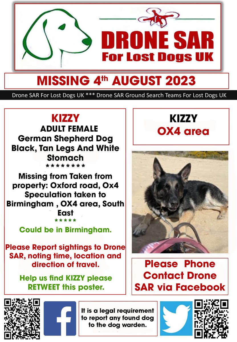 sar_dogs's tweet image. #LostDog #Alert  APAP OR KIZZY
Female German Shepherd Dog Black, Tan Legs And White Stomach (Age: Adult)
Missing from Taken from property: Oxford road, Ox4 Speculation taken to Birmingham , OX4 area, South East on Friday, 4th August 2023 #DroneSAR #MissingDog
