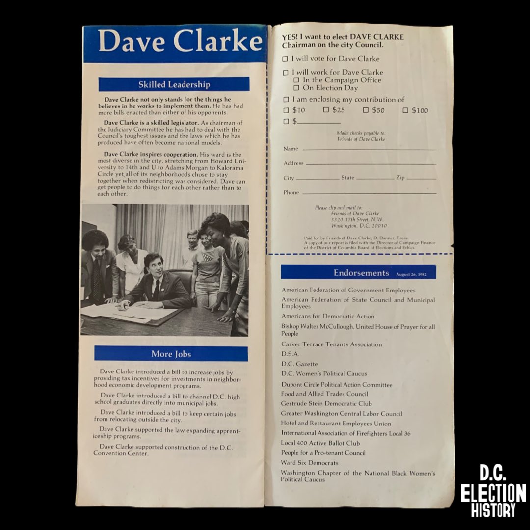 One great find in the collection I have. An old brochure from Dave A. Clarke’s first run for Chair of the Council in 1982. #DCHistory