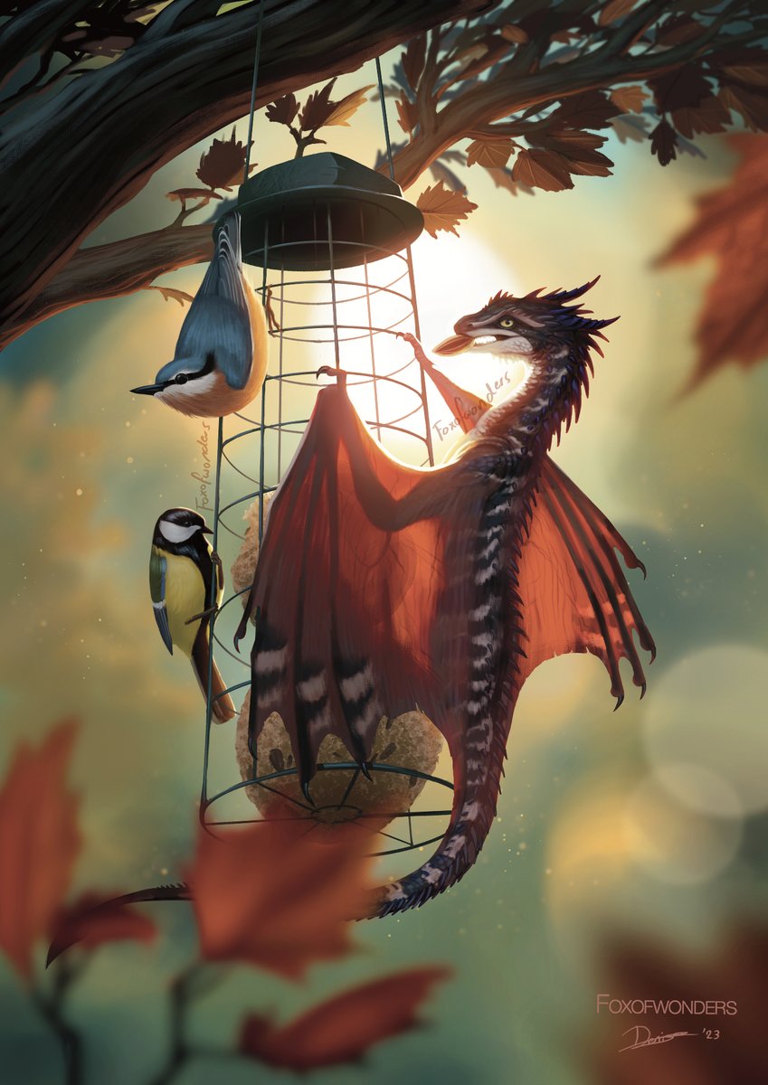 foxofwonders's tweet photo. As you all know, I love birds. I also hadn't drawn 'regular' scaled dragons (or wyverns) in a while, even though I love them. When I suddenly got the  idea to draw both of them at a bird feeder, I knew what I had to do.

Tiny dragons are the best, fight me. https://t.co/RL6E9K8jvS