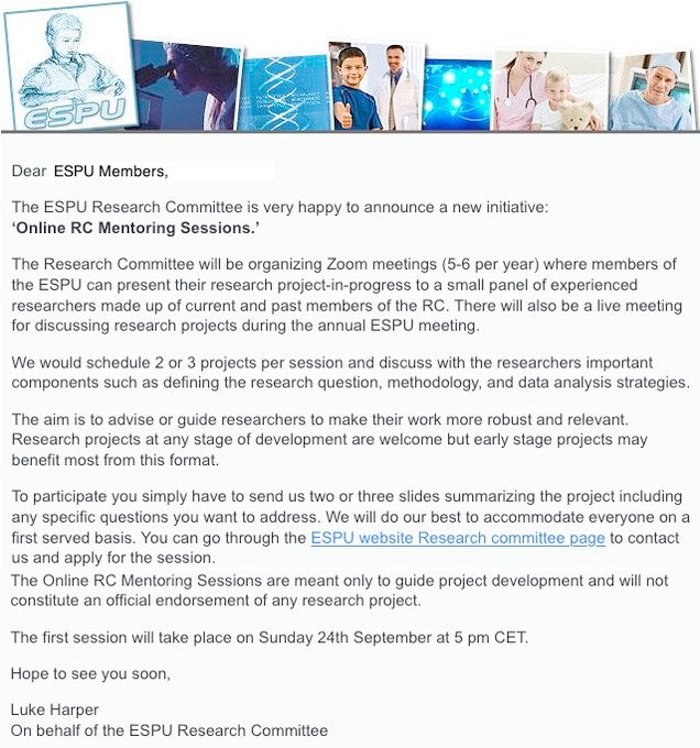 Dear @ESPUorg members, Don't forget to take you place in the initial online mentoring session on 24 September 2023 at 5 pm CET where your research would be discussed thoroughly by the @ESPU_RC members.