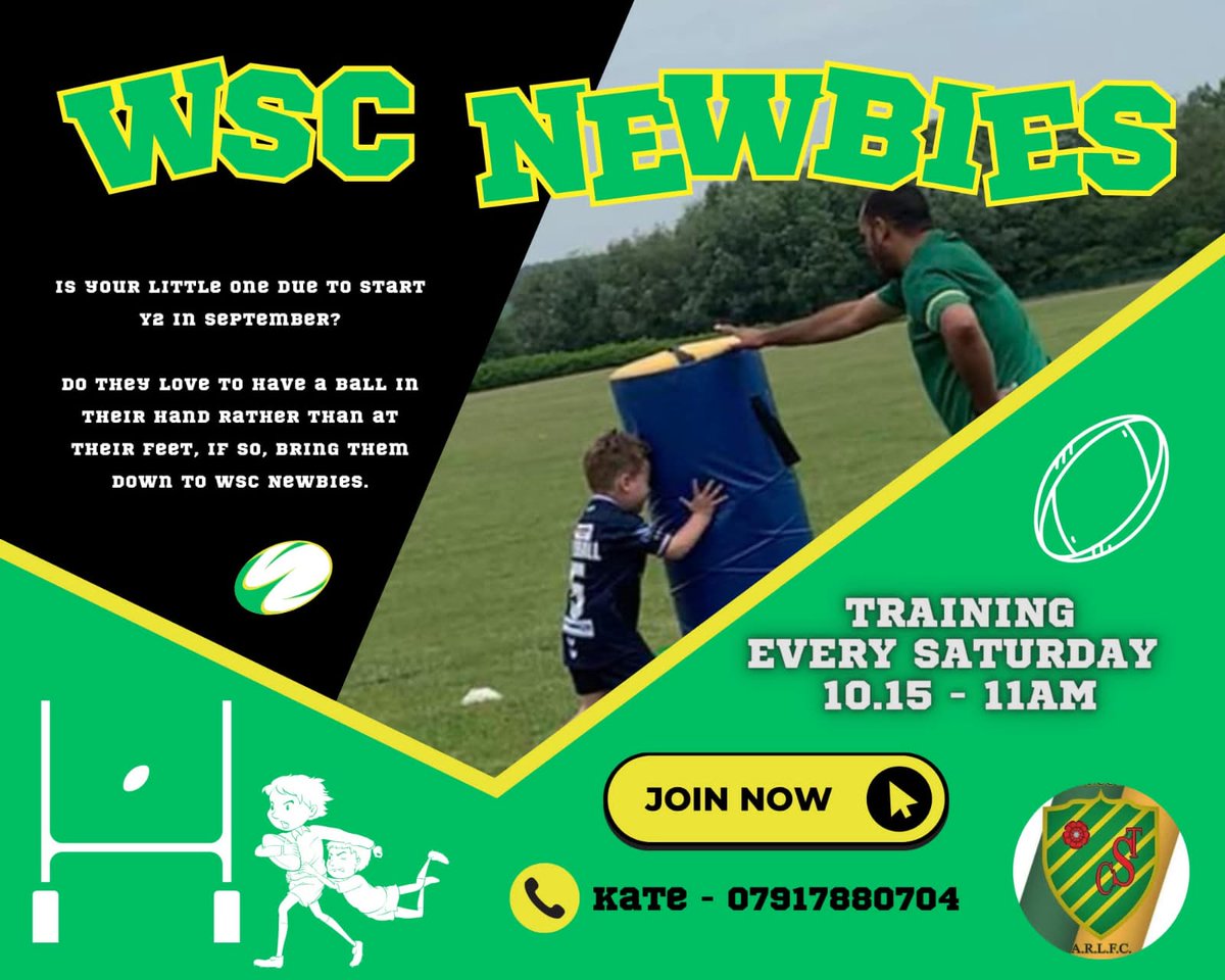 ⭐ WSC Newbies ⭐
Join us on Saturday morning at 10:15 for our next Newbies session.
We are welcoming new players (Boys &amp; Girls) heading into Y2 this September.
🏉Learn new skills
🏉Build Confidence
🏉Make new friends and more...
💚💛 #wscnewbies #upthecuths