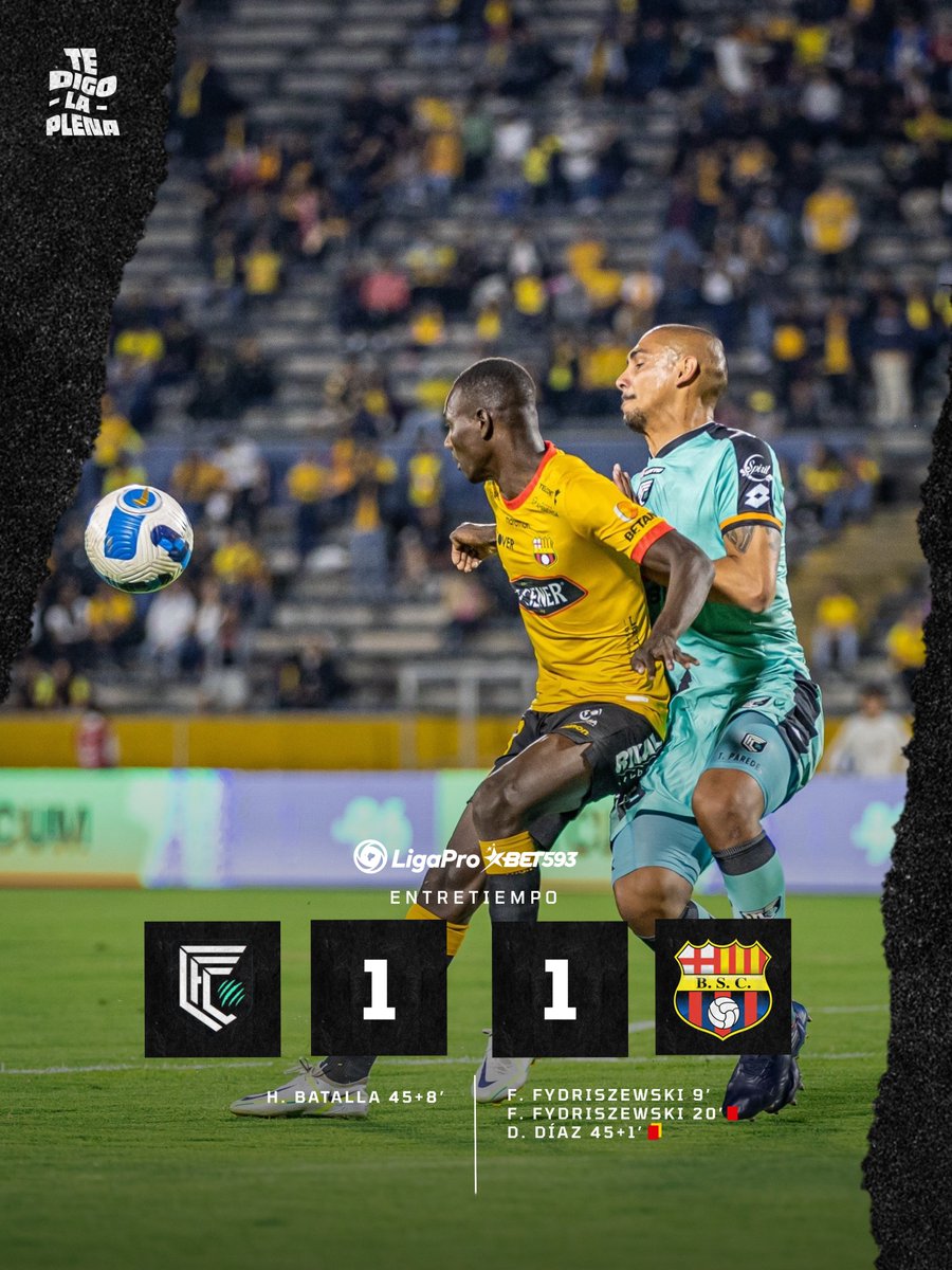 #TeDigoLaPlena | #LigaProBet593 🇪🇨 

Entretiempo 
<a href="/Cumbaya_Oficial/">Cumbayá Fútbol Club</a> 1️⃣-1️⃣ <a href="/BarcelonaSC/">BARCELONA S.C.</a> 

Finaliza el primer tiempo con mucha polémica en el estadio Olímpico Atahualpa entre Cumbayá y Barcelona. 

🟥 Francisco Fydriszewski y Damián Díaz desde la banca en Barcelona.