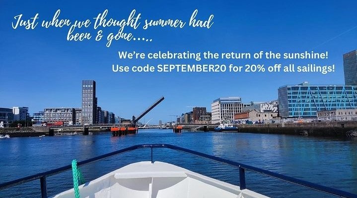 Celebrate the return of the sunshine with a cruise on Dublin Bay ⛴💙 Use code SEPTEMBER20 for 20% off! Valid for a limited time only. Link below, go go go! 🏃🏼‍♀️ dublinbaycruises.rezgo.com